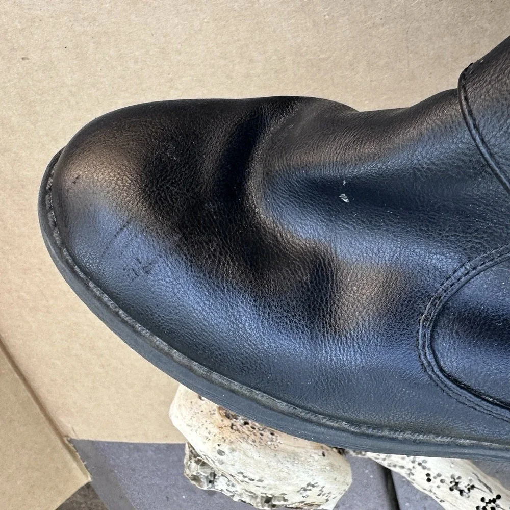 Kohl's Faux Leather Black Biker Boots Size 4 Buckles Side Zip Mid Calf Big Girls